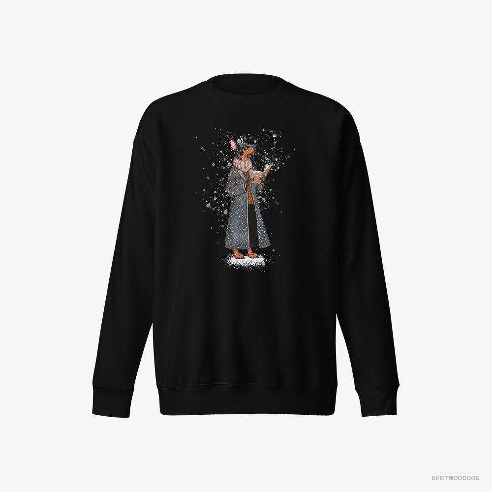 Dobermann Sweatshirt – Men Black Sweatshirt Eco-Friendly – Singing Christmas Songs with a Carol Book (on White Background)