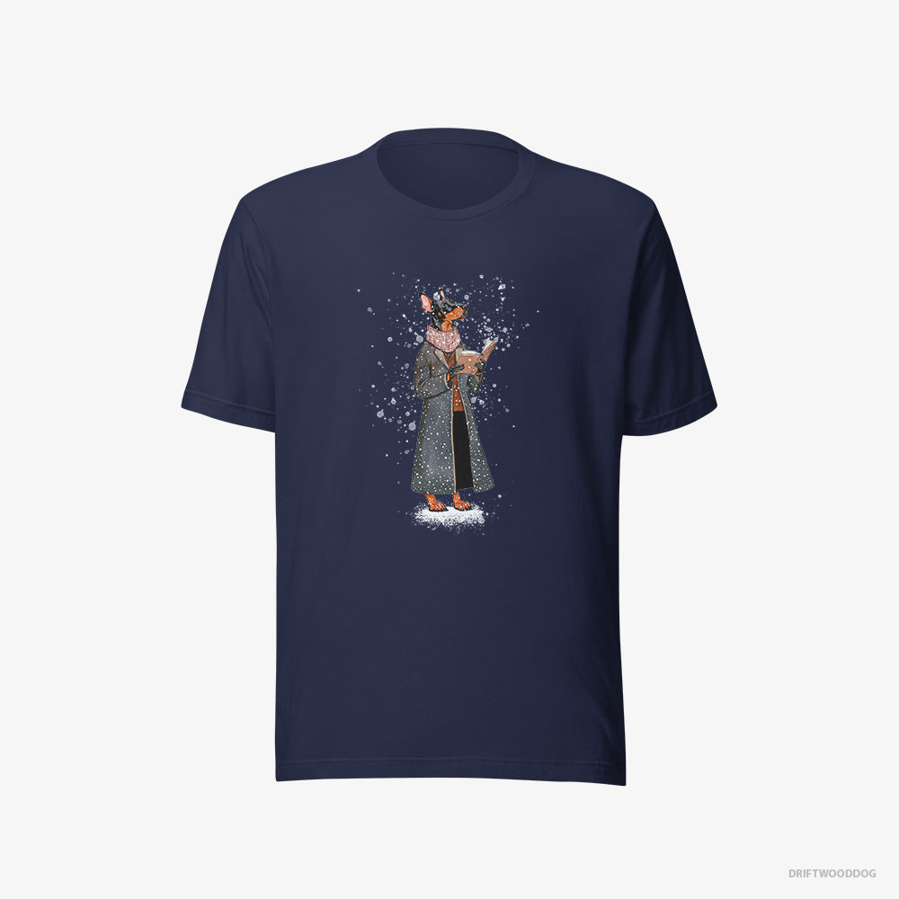 Dobermann T-Shirt – Women Navy T-Shirt Eco-Friendly – Singing Christmas Songs with a Carol Book (on White Background)