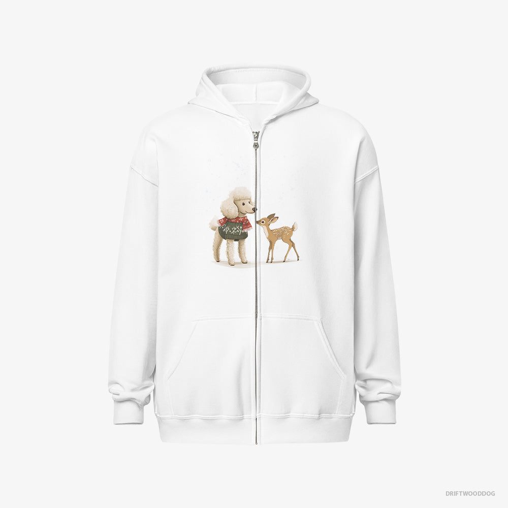 Poodle Hoodie – Men White Hoodie Full-Zip – with a Fawn by Side (on White Background)