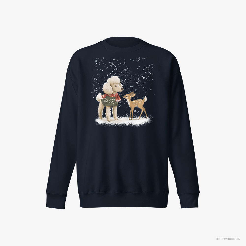 Poodle Sweatshirt – Women Navy Sweatshirt Eco-Friendly – with a Fawn by Side (on White Background)