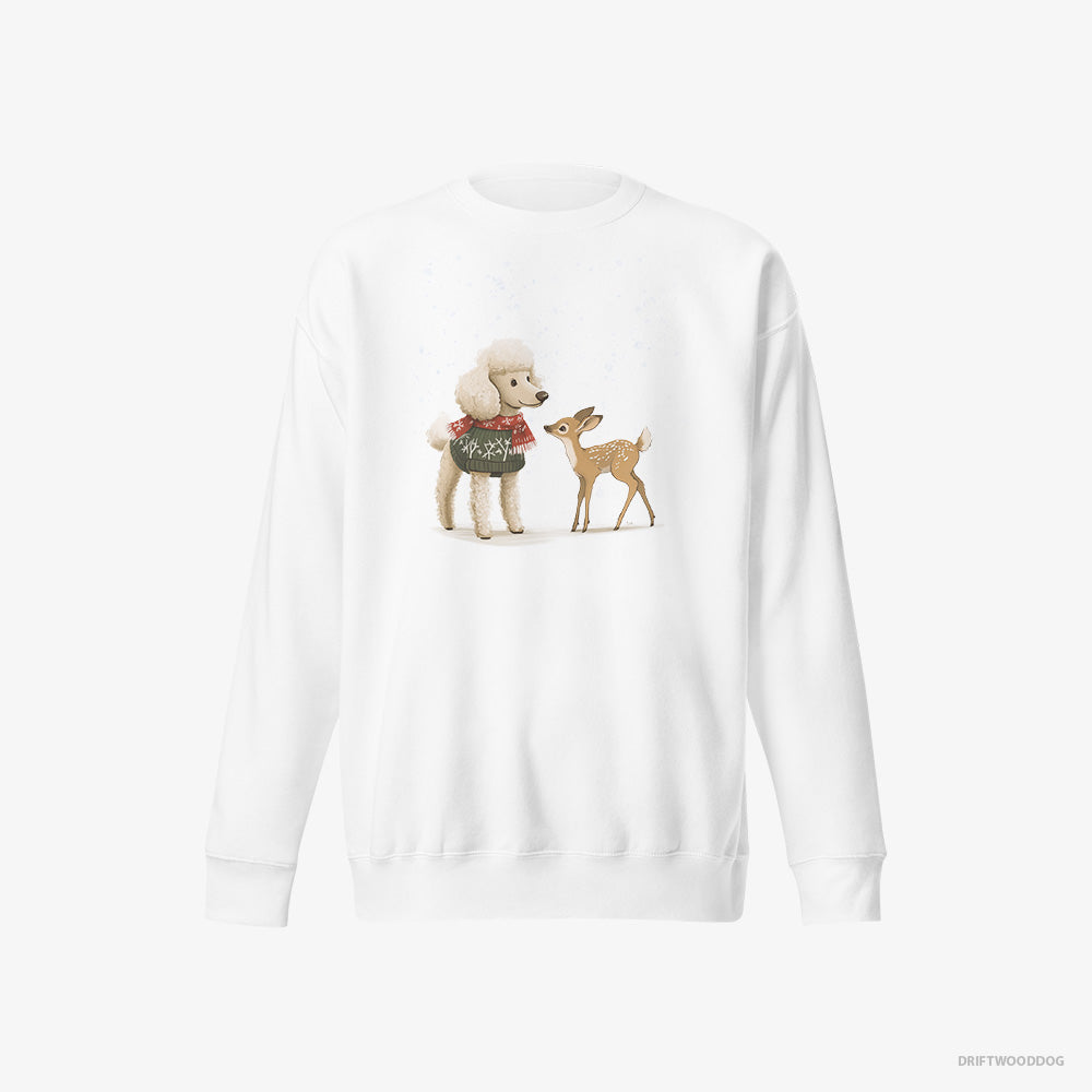 Poodle Sweatshirt – Women White Sweatshirt Eco-Friendly – with a Fawn by Side (on White Background)