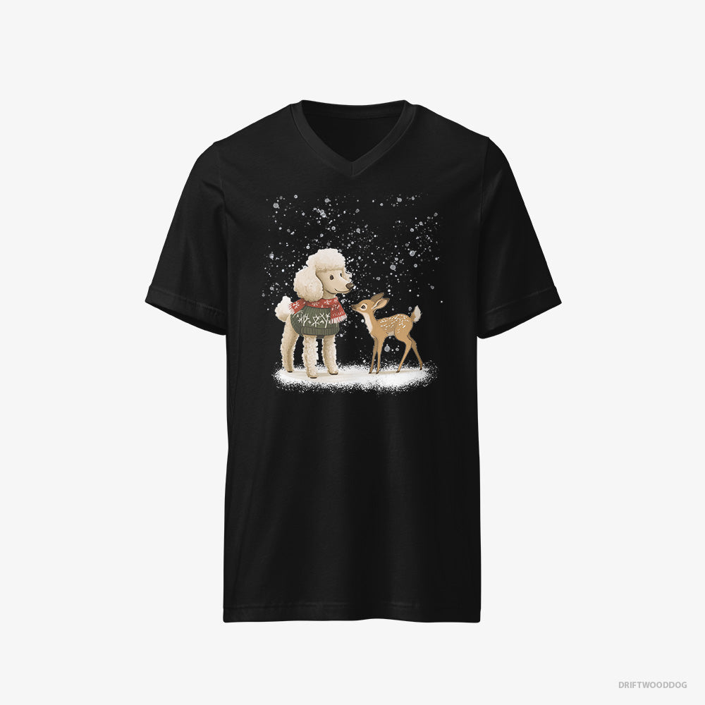 Poodle T-Shirt – Men Black T-Shirt V-Neck – with a Fawn by Side (on White Background)