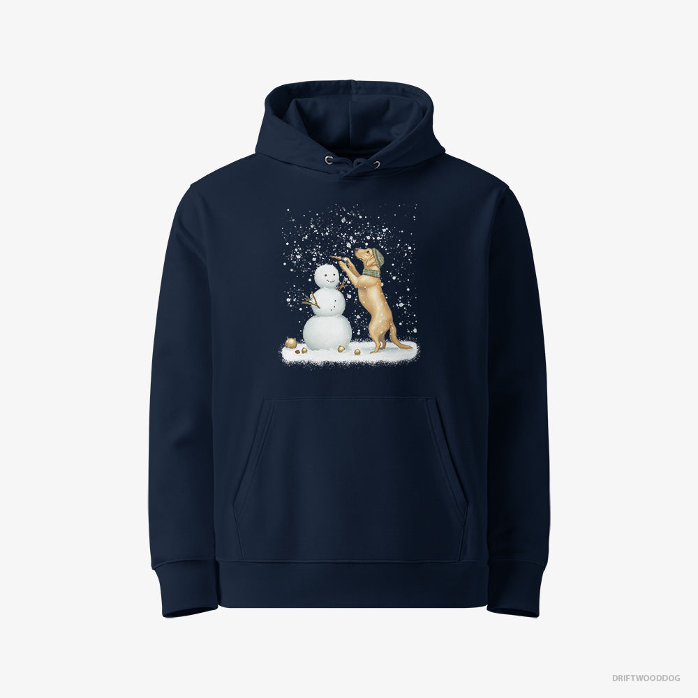 Labrador Retriever Hoodie – Women Navy Hoodie Eco-Friendly – Making a Snowman (on White Background)