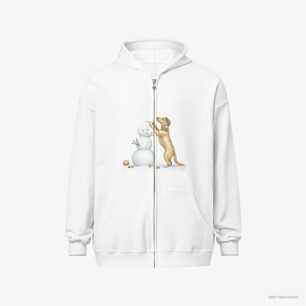 Labrador Retriever Hoodie – Men White Hoodie Full-Zip – Making a Snowman (on White Background)