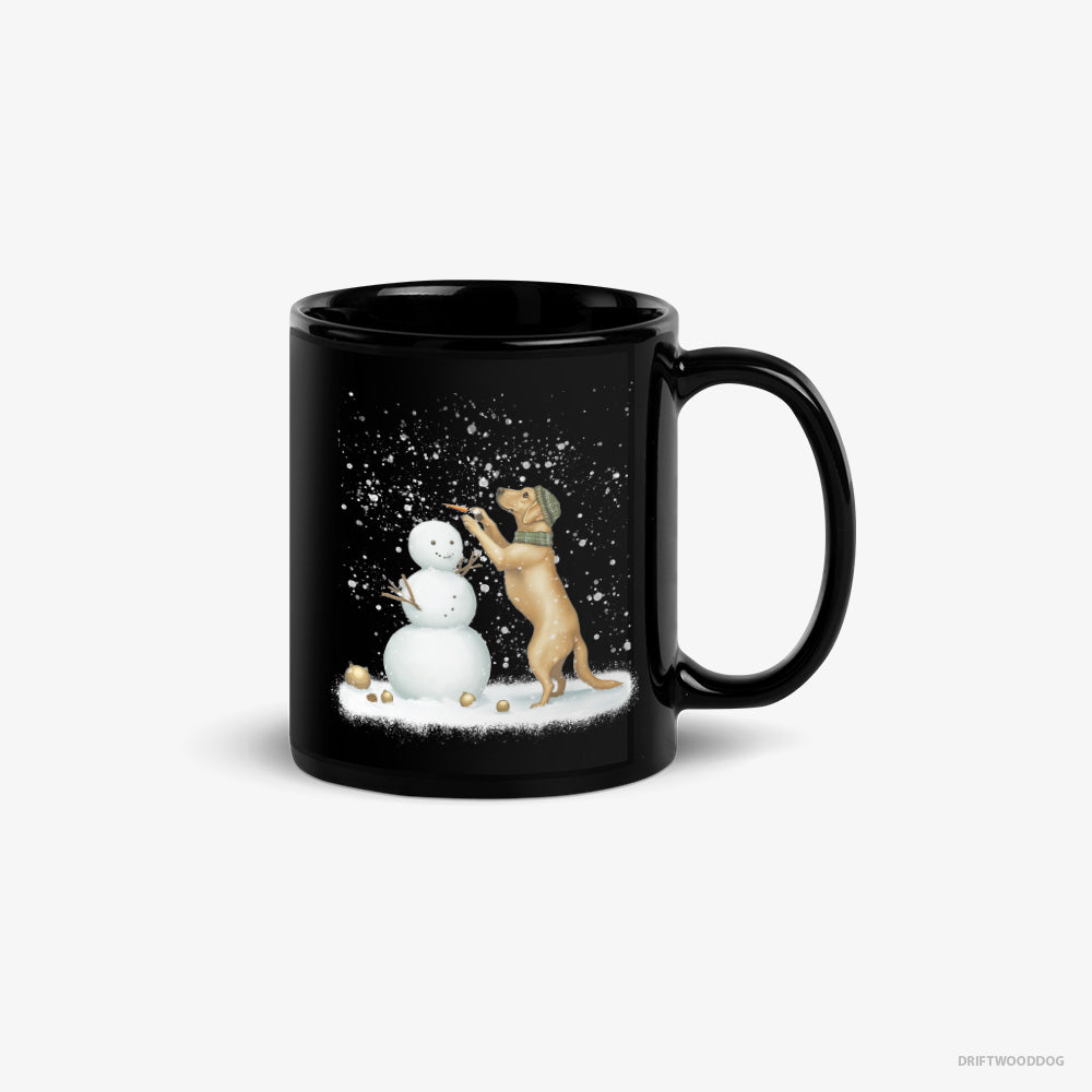 Labrador Retriever Mug – Unisex Black Mug Classic – Making a Snowman (on White Background)