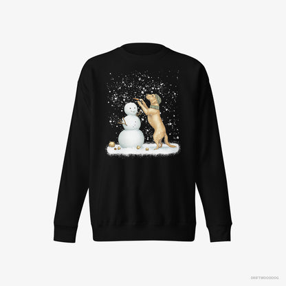 Labrador Retriever Sweatshirt – Men Black Sweatshirt Eco-Friendly – Making a Snowman (on White Background)