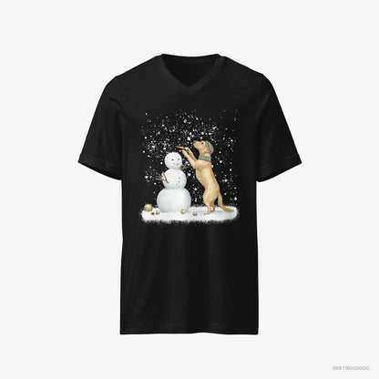 Labrador Retriever T-Shirt – Men Black T-Shirt V-Neck – Making a Snowman (on White Background)