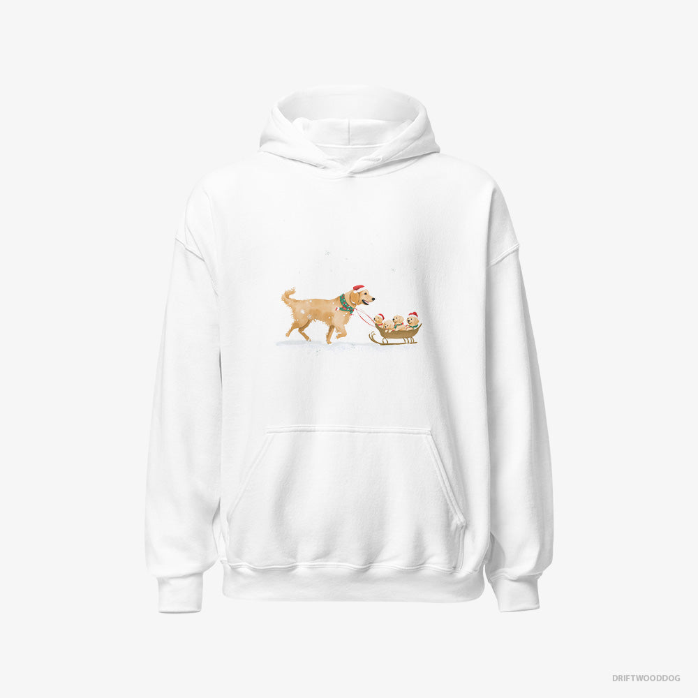 Golden Retriever Hoodie – Men White Hoodie Classic – Giving Her Puppies a Sled Ride (on White Background)