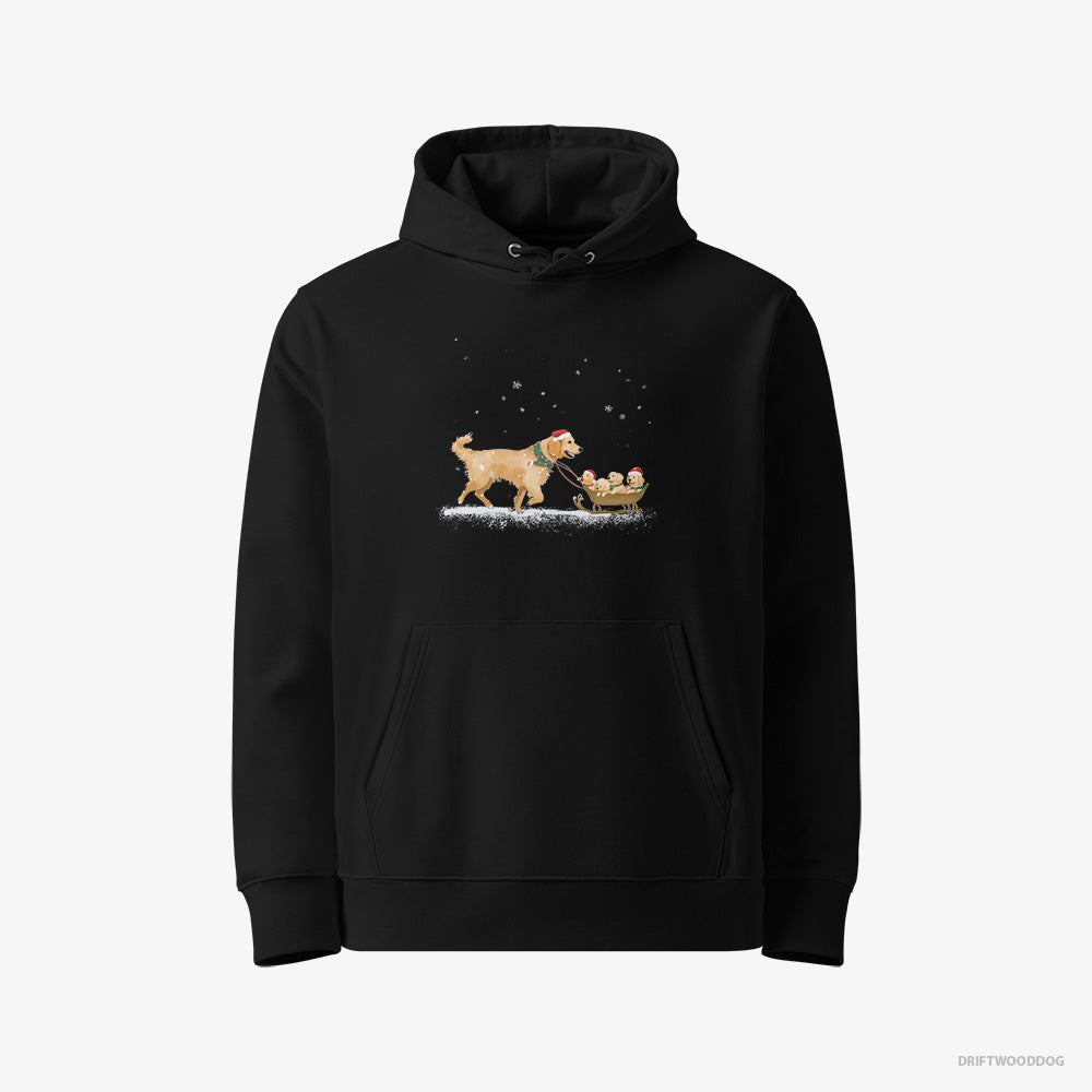 Golden Retriever Hoodie – Men Black Hoodie Eco-Friendly – Giving Her Puppies a Sled Ride (on White Background)