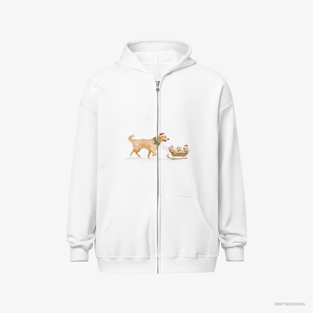 Golden Retriever Hoodie – Men White Hoodie Full-Zip – Giving Her Puppies a Sled Ride (on White Background)