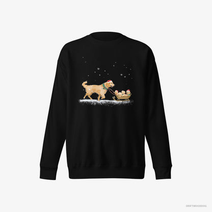 Golden Retriever Sweatshirt – Men Black Sweatshirt Eco-Friendly – Giving Her Puppies a Sled Ride (on White Background)