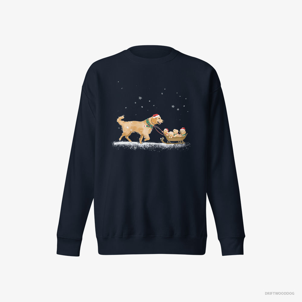 Golden Retriever Sweatshirt – Men Navy Sweatshirt Eco-Friendly – Giving Her Puppies a Sled Ride (on White Background)