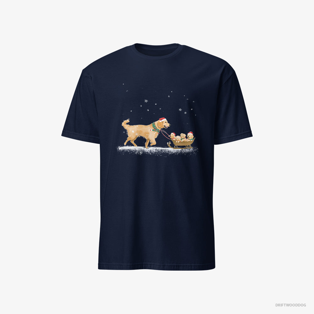 Golden Retriever T-Shirt – Women Navy T-Shirt Classic – Giving Her Puppies a Sled Ride (on White Background)