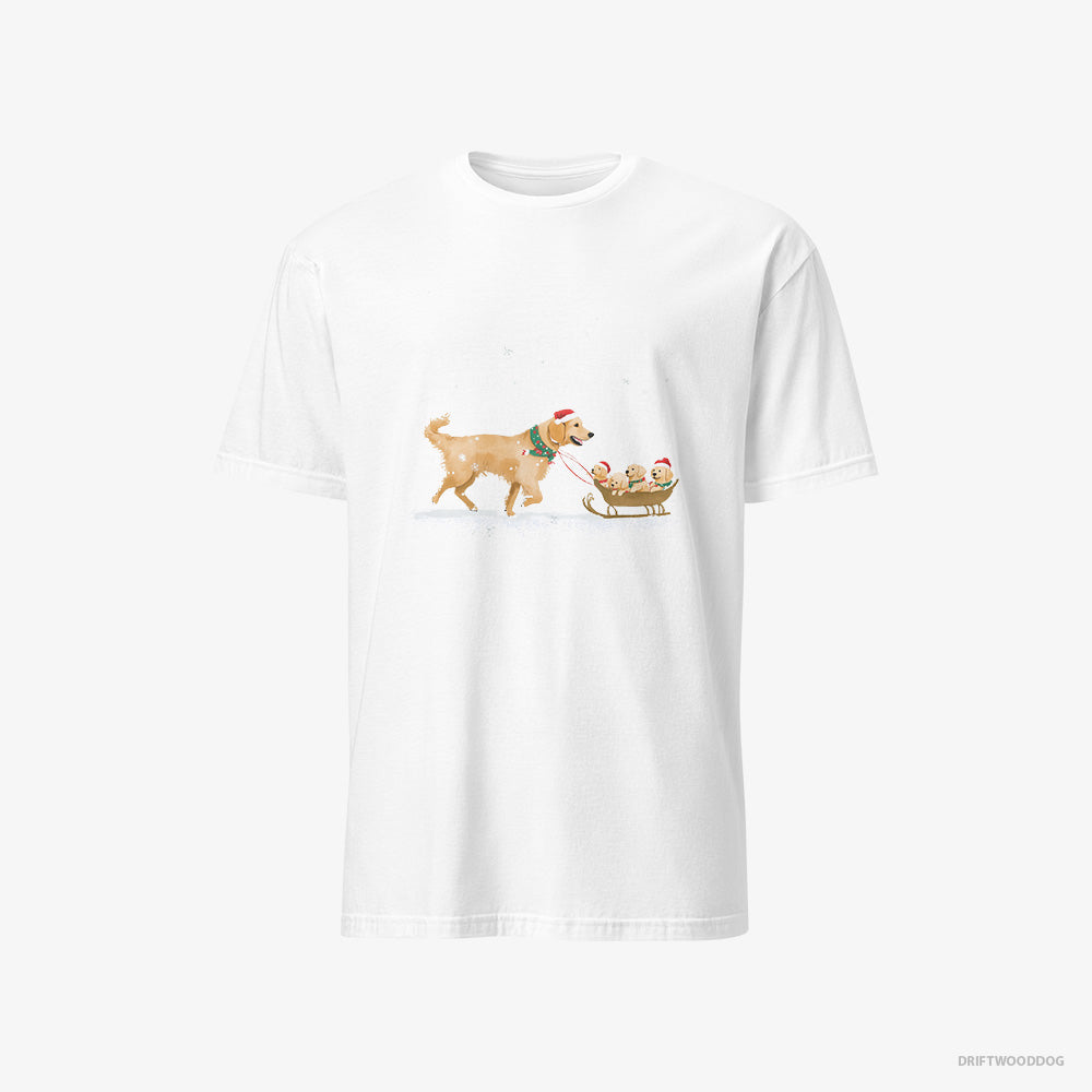 Golden Retriever T-Shirt – Men White T-Shirt Classic – Giving Her Puppies a Sled Ride (on White Background)