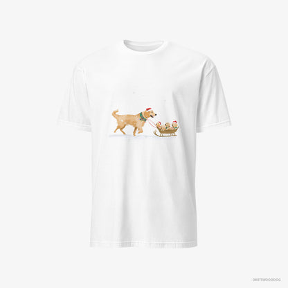 Golden Retriever T-Shirt – Men White T-Shirt Classic – Giving Her Puppies a Sled Ride (on White Background)