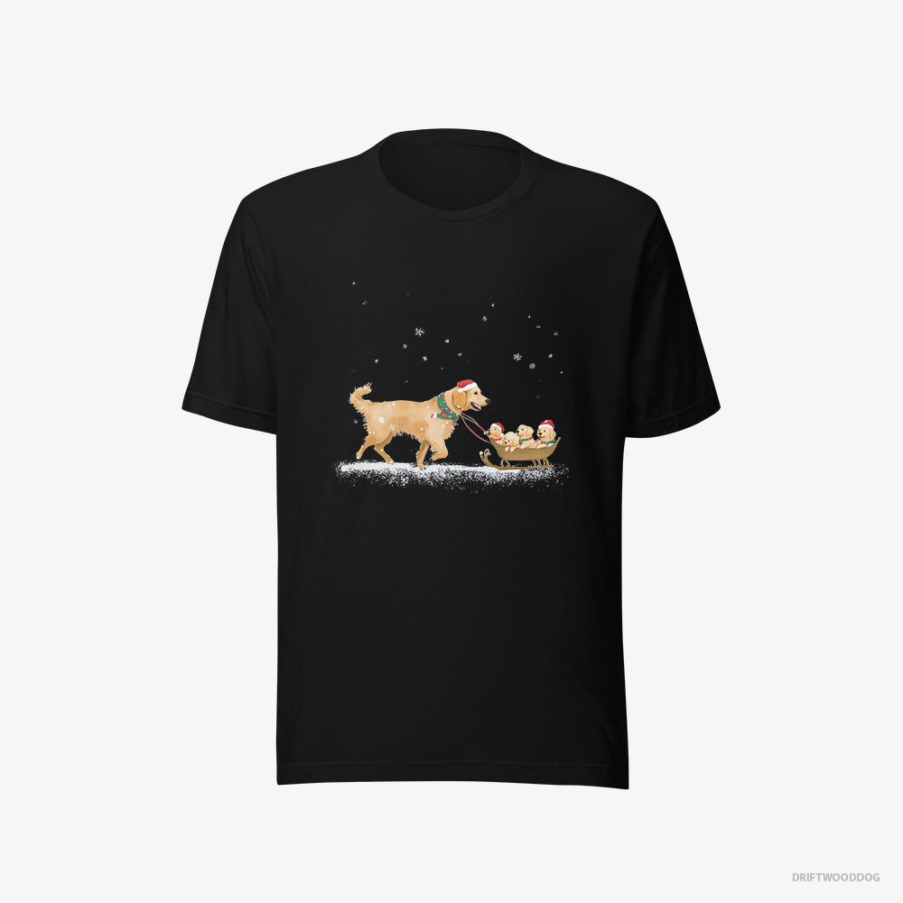 Golden Retriever T-Shirt – Women Black T-Shirt Eco-Friendly – Giving Her Puppies a Sled Ride (on White Background)