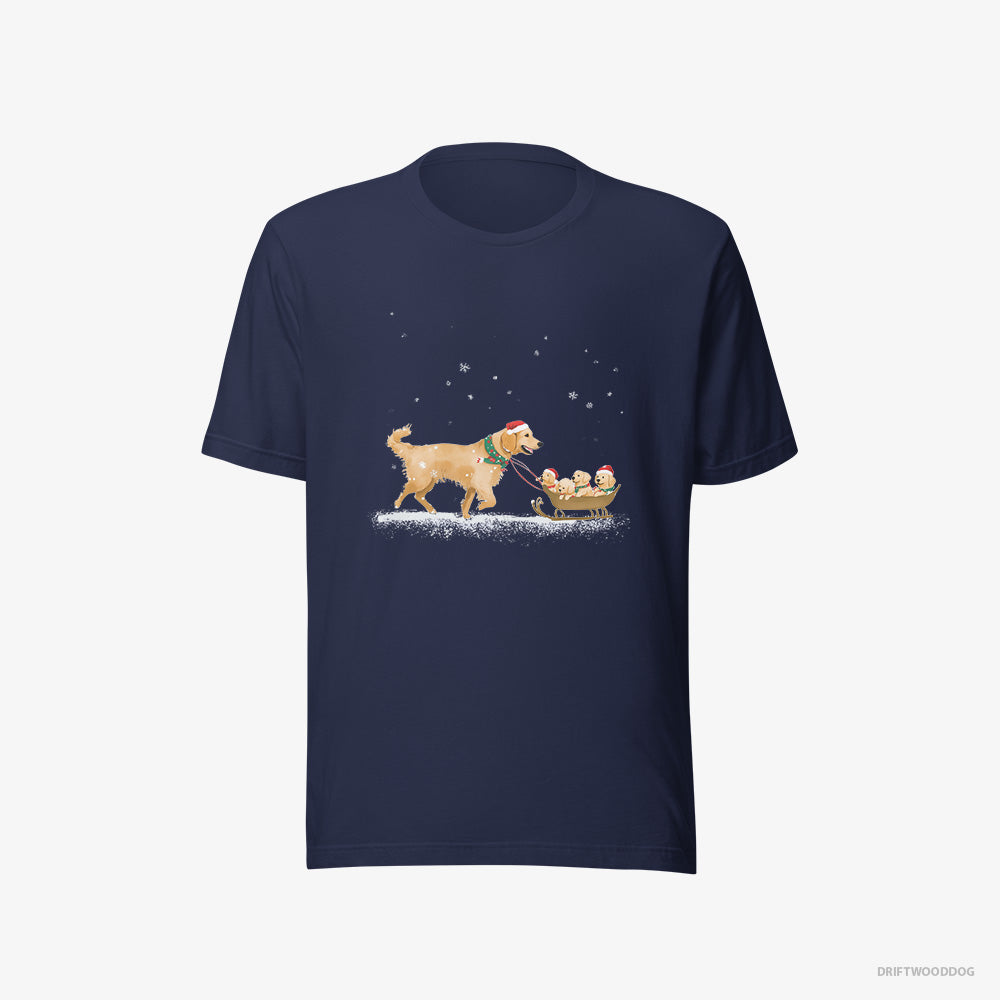 Golden Retriever T-Shirt – Men Navy T-Shirt Eco-Friendly – Giving Her Puppies a Sled Ride (on White Background)