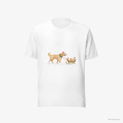 Golden Retriever T-Shirt – Men White T-Shirt Eco-Friendly – Giving Her Puppies a Sled Ride (on White Background)