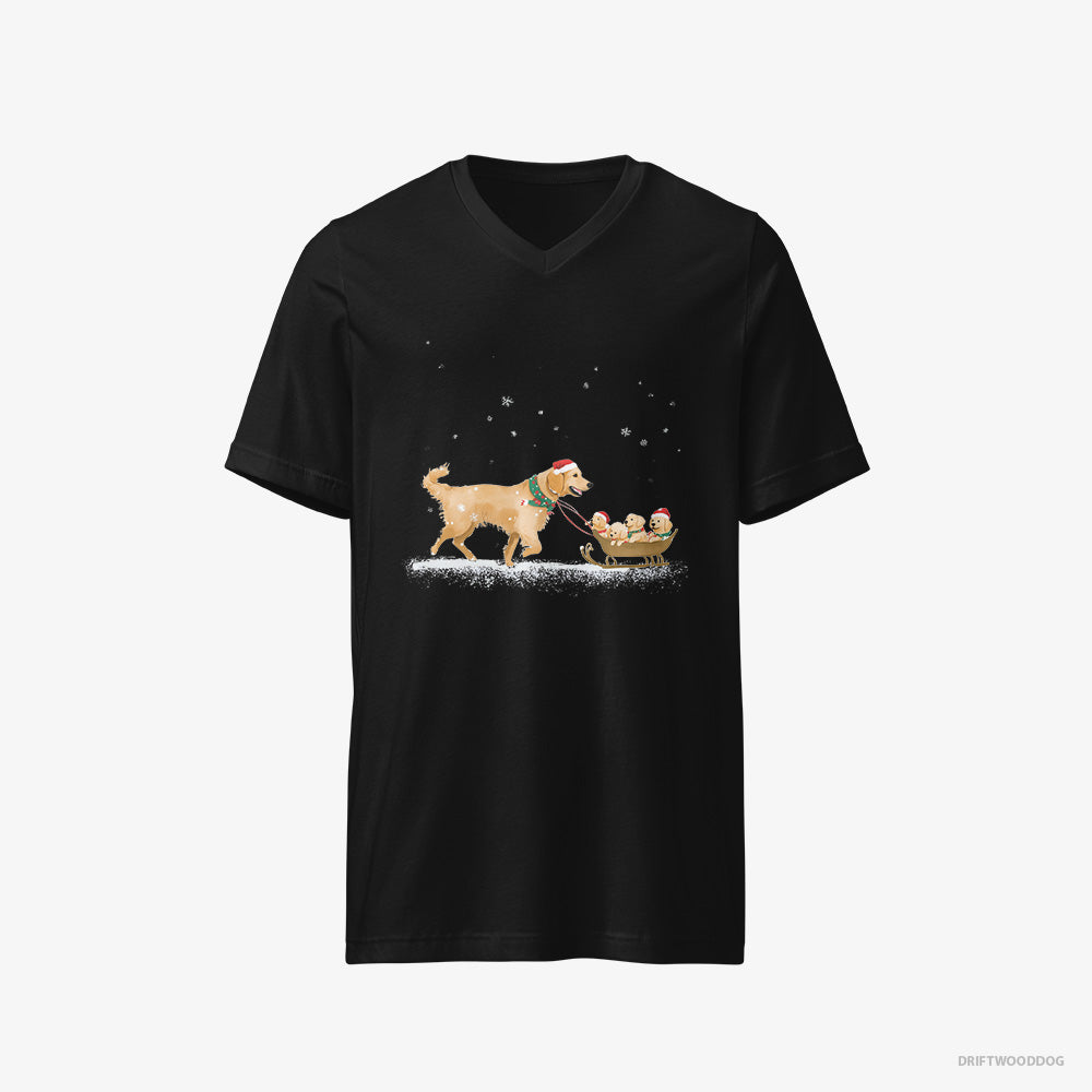 Golden Retriever T-Shirt – Men Black T-Shirt V-Neck – Giving Her Puppies a Sled Ride (on White Background)