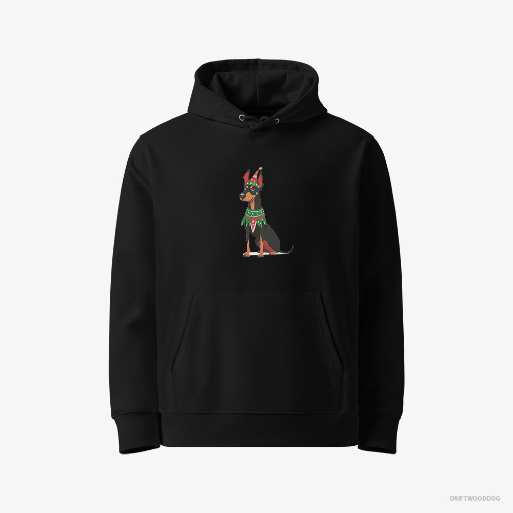 Dobermann Hoodie – Men Black Hoodie Eco-Friendly – Dressed as an Elf (on White Background)