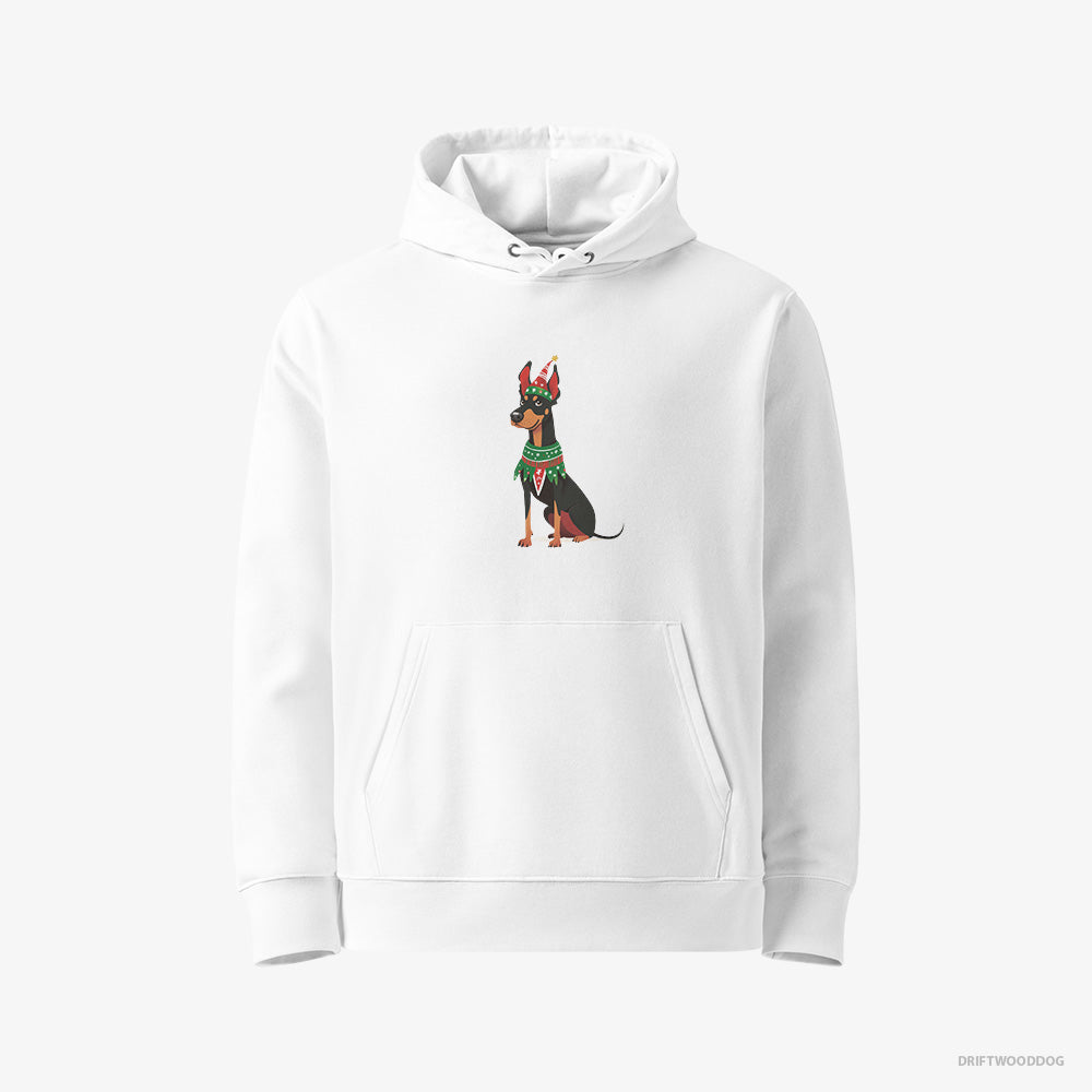 Dobermann Hoodie – Women White Hoodie Eco-Friendly – Dressed as an Elf (on White Background)