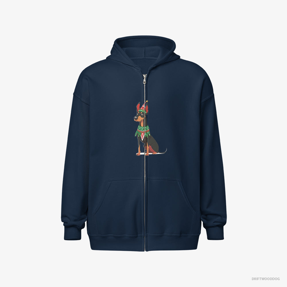 Dobermann Hoodie – Men Navy Hoodie Full-Zip – Dressed as an Elf (on White Background)