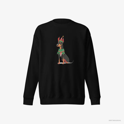 Dobermann Sweatshirt – Men Black Sweatshirt Eco-Friendly – Dressed as an Elf (on White Background)