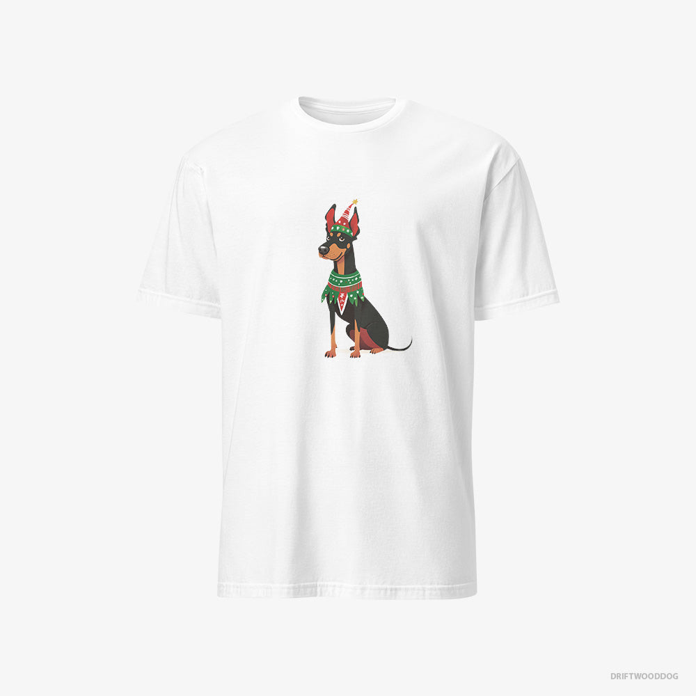 Dobermann T-Shirt – Men White T-Shirt Classic – Dressed as an Elf (on White Background)