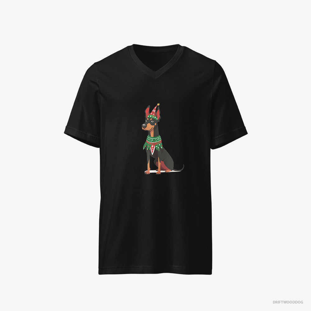 Dobermann T-Shirt – Men Black T-Shirt V-Neck – Dressed as an Elf (on White Background)