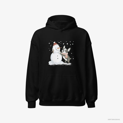 French Bulldog Hoodie – Women Black Hoodie Classic – Shaping a Snowman (on White Background)