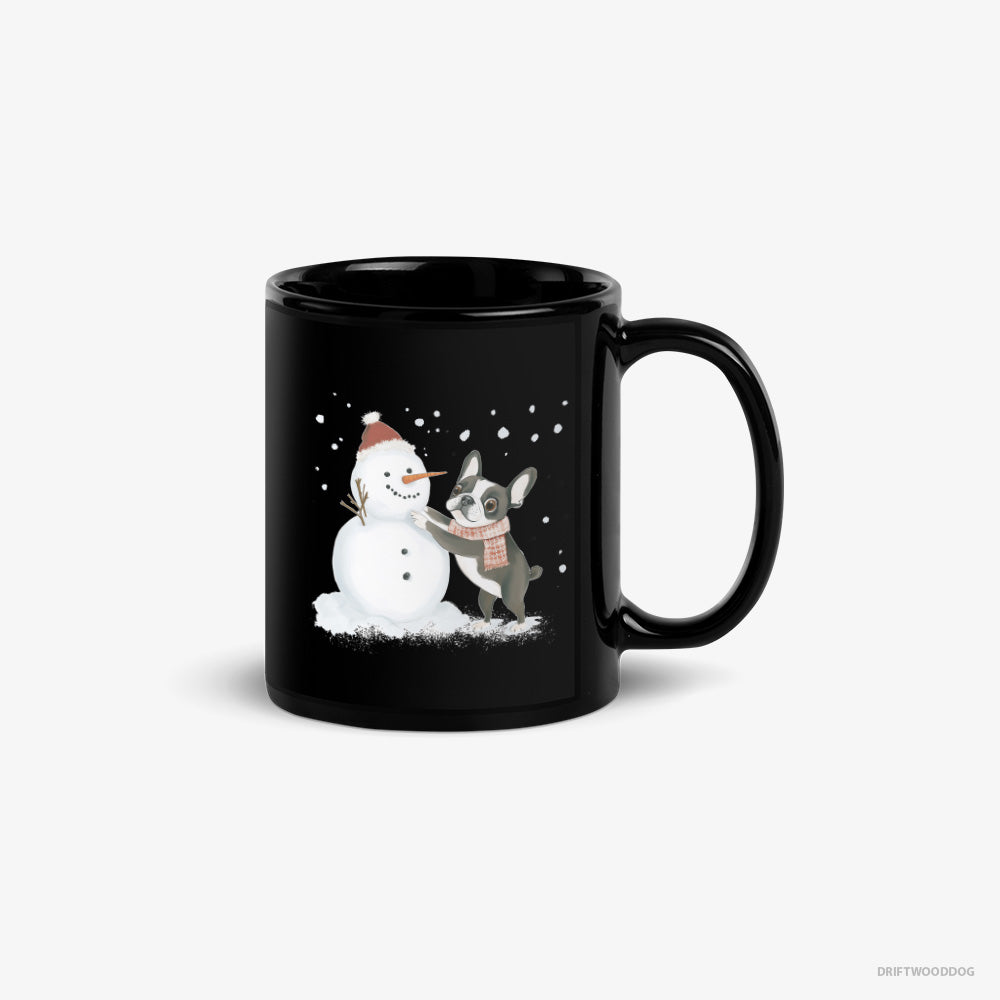 French Bulldog Mug – Unisex Black Mug Classic – Shaping a Snowman (on White Background)