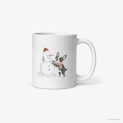 French Bulldog Shaping a Snowman White Mug