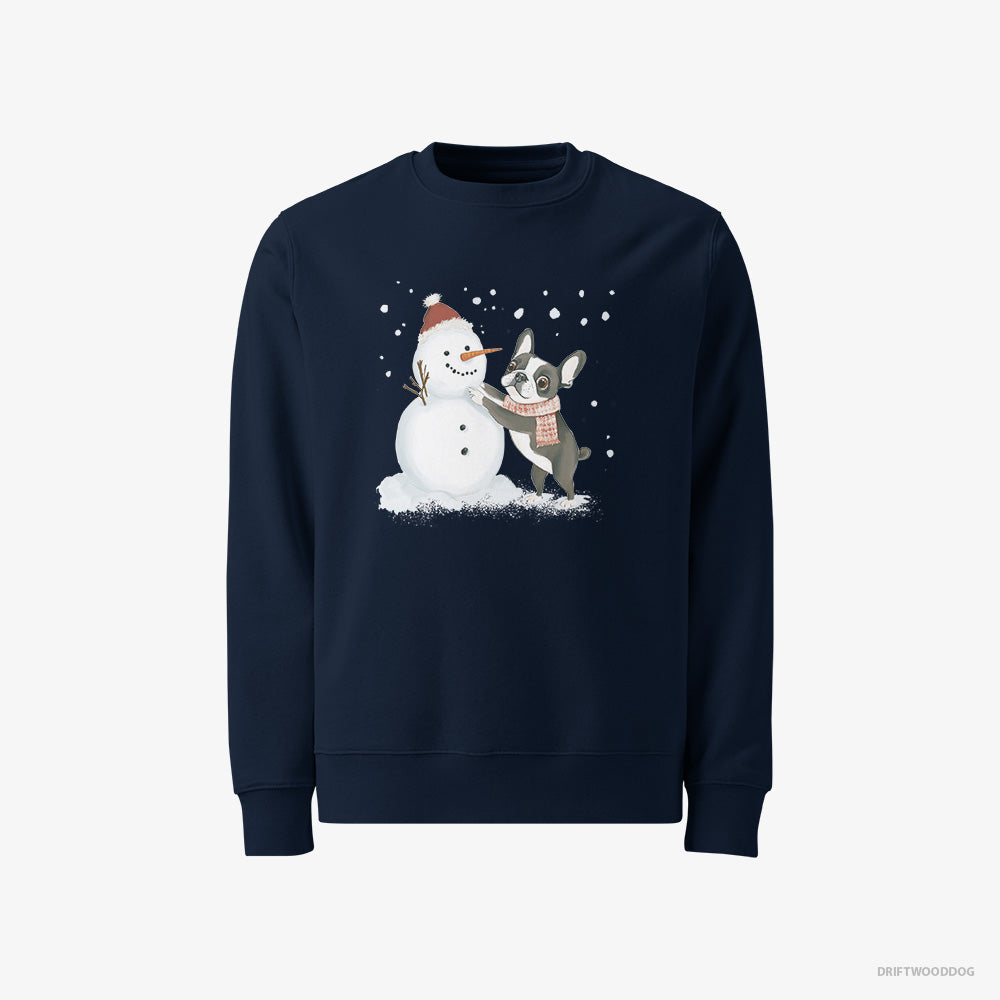 French Bulldog Sweatshirt – Men Navy Sweatshirt Classic – Shaping a Snowman (on White Background)