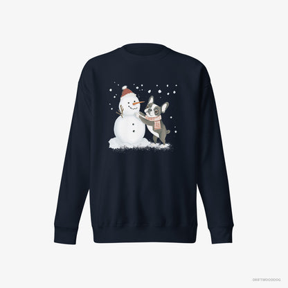 French Bulldog Sweatshirt – Men Navy Sweatshirt Eco-Friendly – Shaping a Snowman (on White Background)