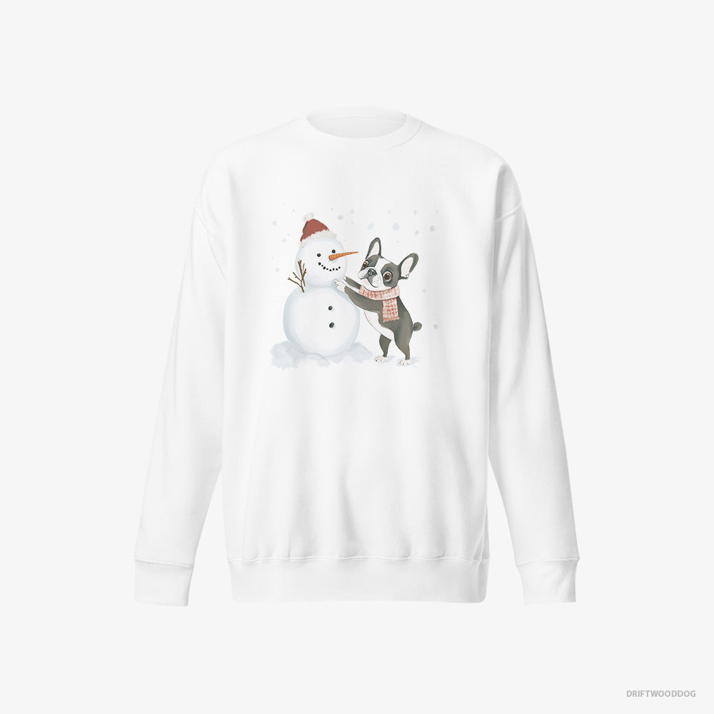 French Bulldog Sweatshirt – Men White Sweatshirt Eco-Friendly – Shaping a Snowman (on White Background)