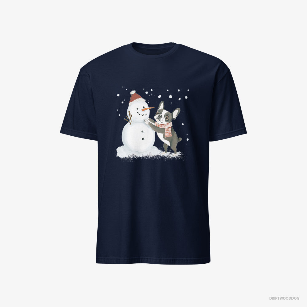 French Bulldog T-Shirt – Men Navy T-Shirt Classic – Shaping a Snowman (on White Background)