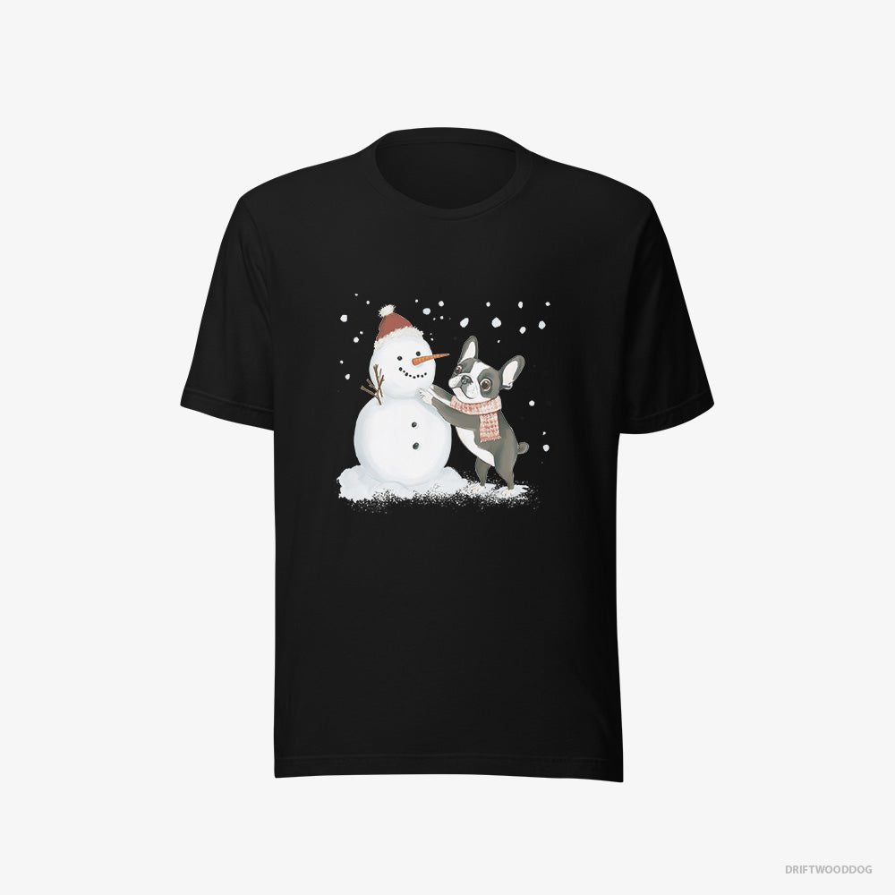 French Bulldog T-Shirt – Men Black T-Shirt Eco-Friendly – Shaping a Snowman (on White Background)