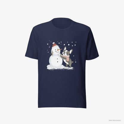 French Bulldog T-Shirt – Men Navy T-Shirt Eco-Friendly – Shaping a Snowman (on White Background)