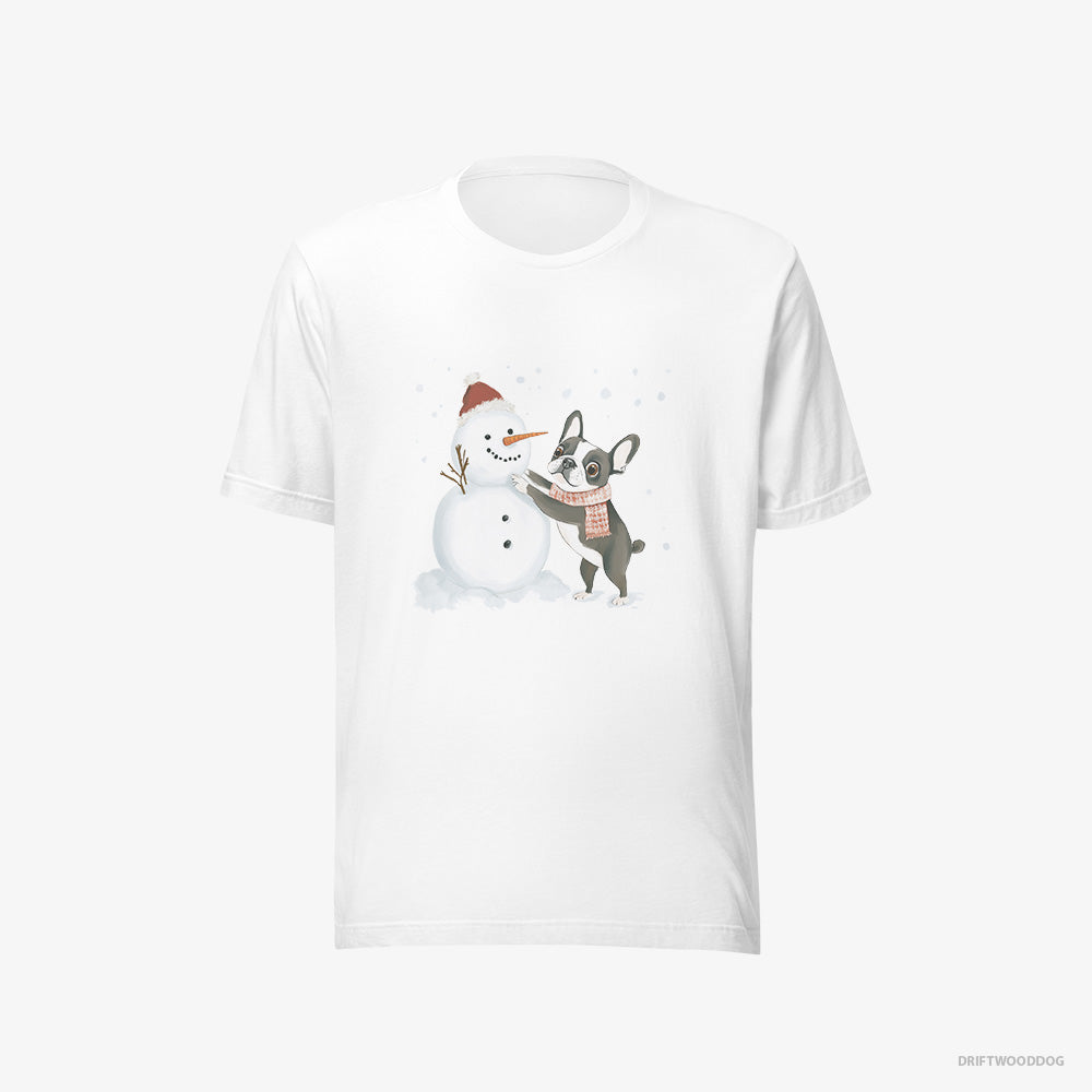 French Bulldog T-Shirt – Men White T-Shirt Eco-Friendly – Shaping a Snowman (on White Background)