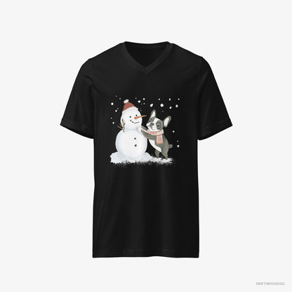 French Bulldog T-Shirt – Men Black T-Shirt V-Neck – Shaping a Snowman (on White Background)