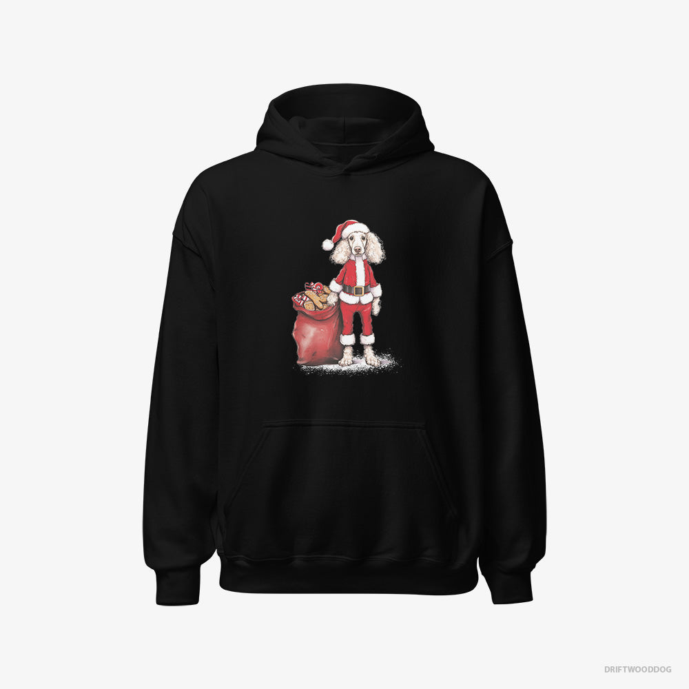 Poodle Hoodie – Women Black Hoodie Classic – Dressed as Santa with a Bag of Cookies (on White Background)