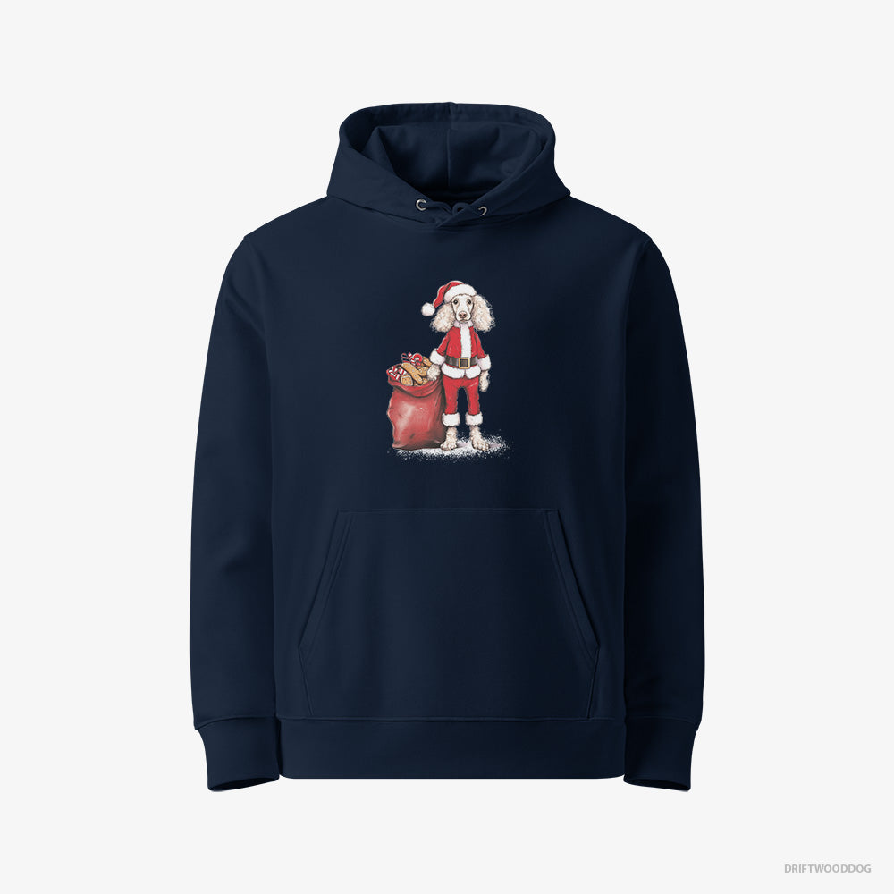 Poodle Hoodie – Women Navy Hoodie Eco-Friendly – Dressed as Santa with a Bag of Cookies (on White Background)