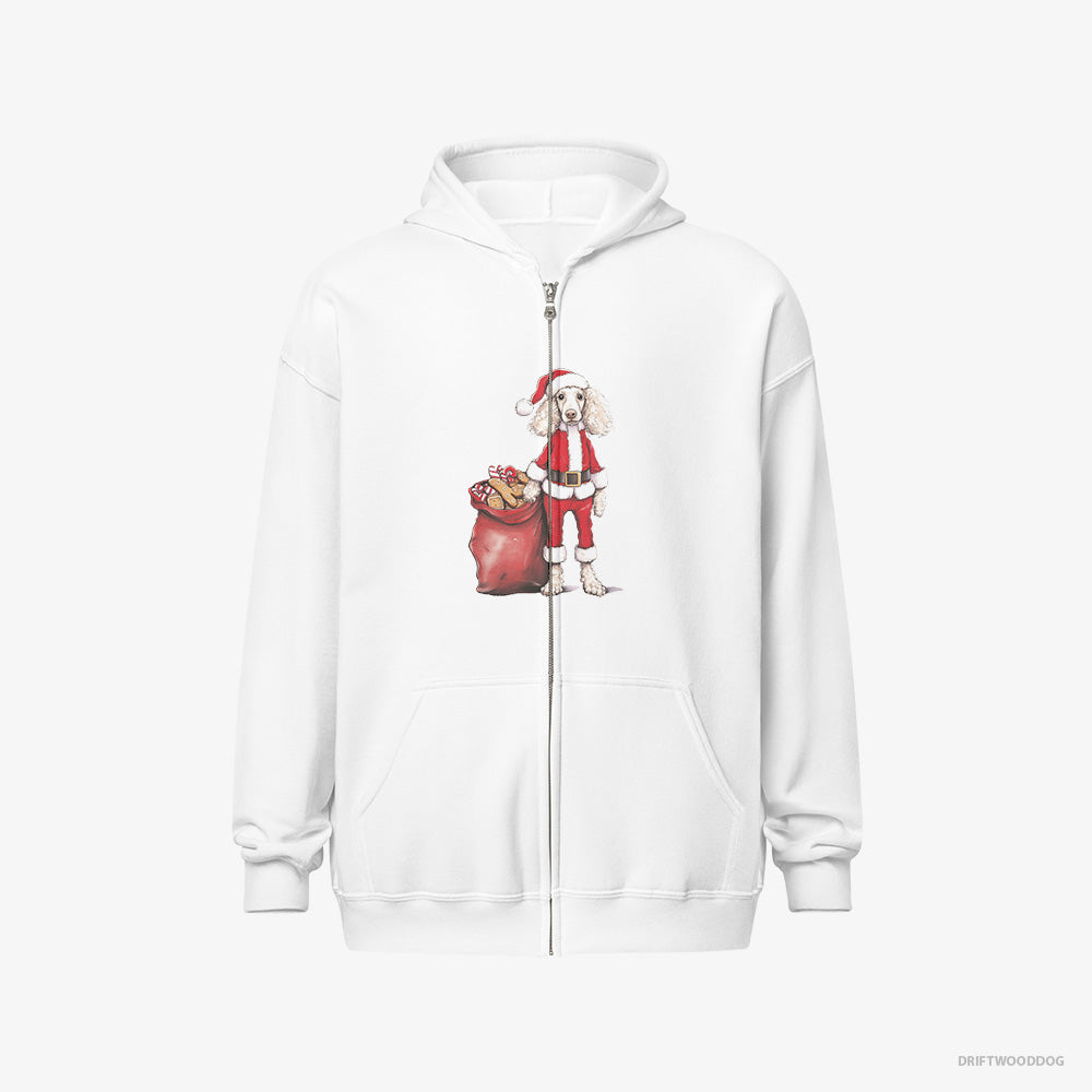 Poodle Hoodie – Men White Hoodie Full-Zip – Dressed as Santa with a Bag of Cookies (on White Background)