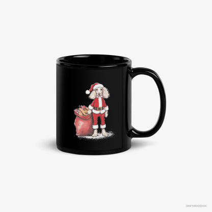 Poodle Mug – Unisex Black Mug Classic – Dressed as Santa with a Bag of Cookies (on White Background)