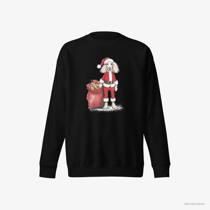 Poodle Sweatshirt – Men Black Sweatshirt Eco-Friendly – Dressed as Santa with a Bag of Cookies (on White Background)