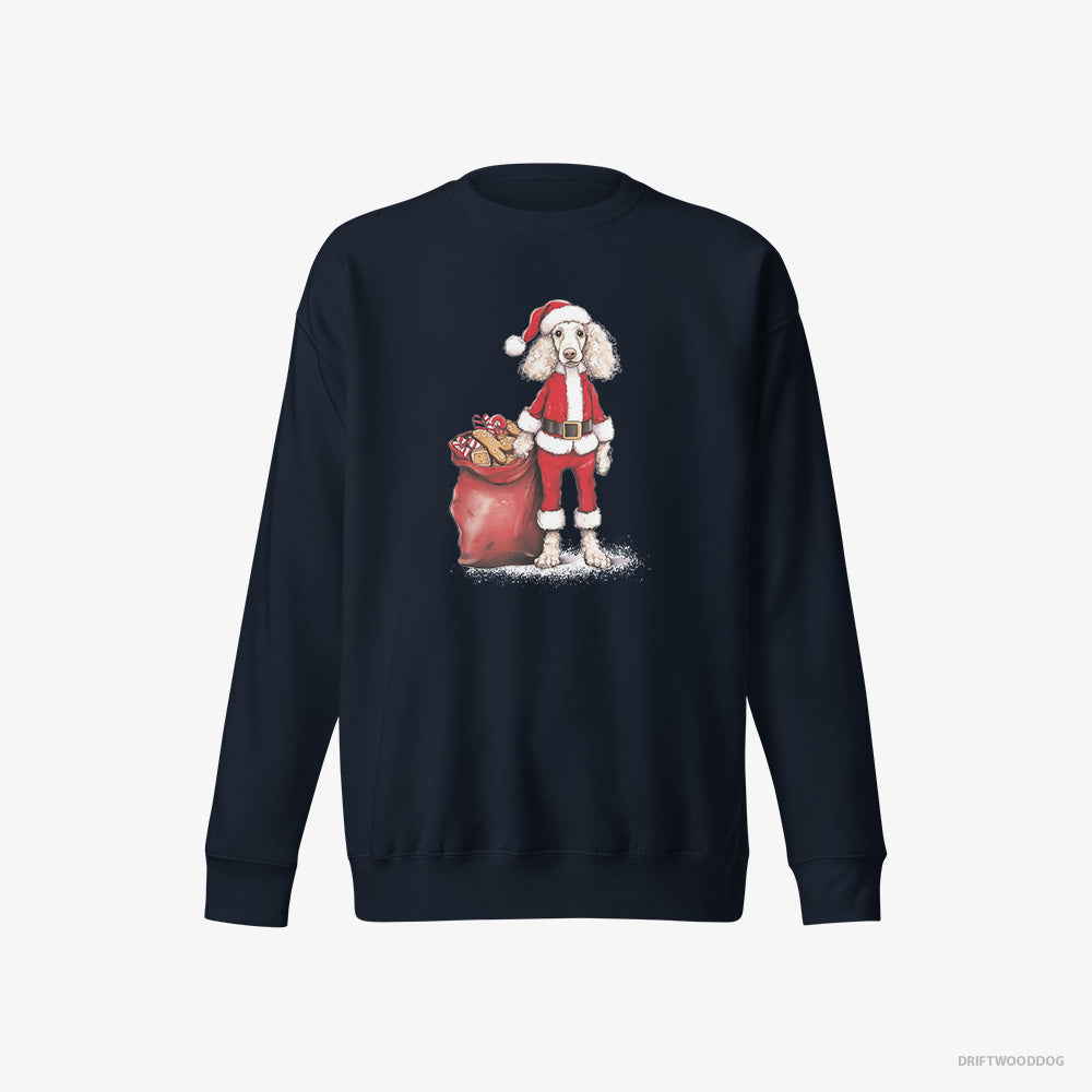 Poodle Sweatshirt – Women Navy Sweatshirt Eco-Friendly – Dressed as Santa with a Bag of Cookies (on White Background)