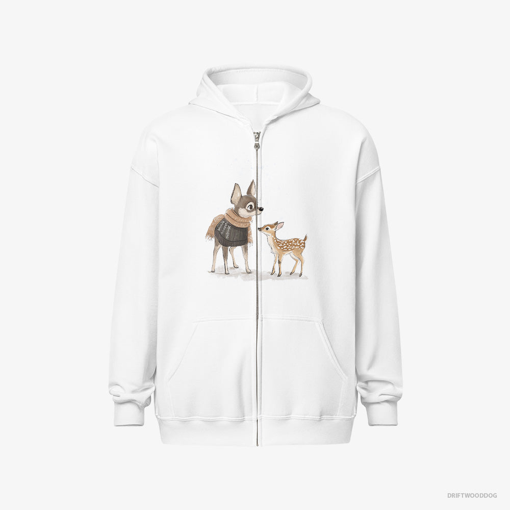 Chihuahua Hoodie – Men White Hoodie Full-Zip – and a Baby Reindeer Together (on White Background)