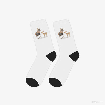 Chihuahua Socks – Unisex White Socks Classic – and a Baby Reindeer Together (on White Background)