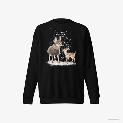 Chihuahua Sweatshirt – Women Black Sweatshirt Eco-Friendly – and a Baby Reindeer Together (on White Background)