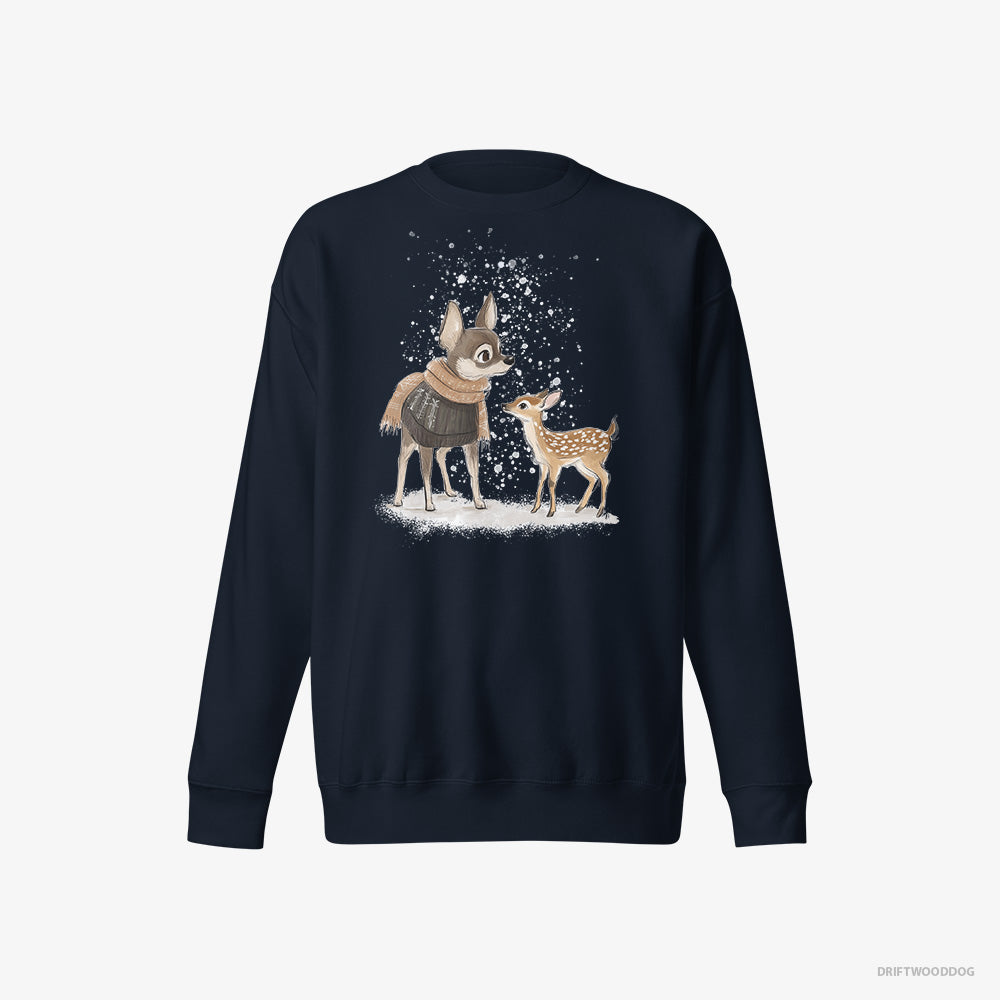 Chihuahua Sweatshirt – Women Navy Sweatshirt Eco-Friendly – and a Baby Reindeer Together (on White Background)